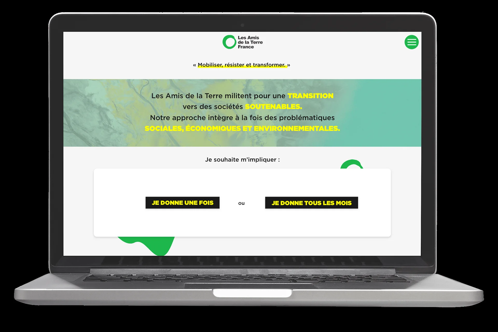 Les Amis de la Terre homepage on a laptop