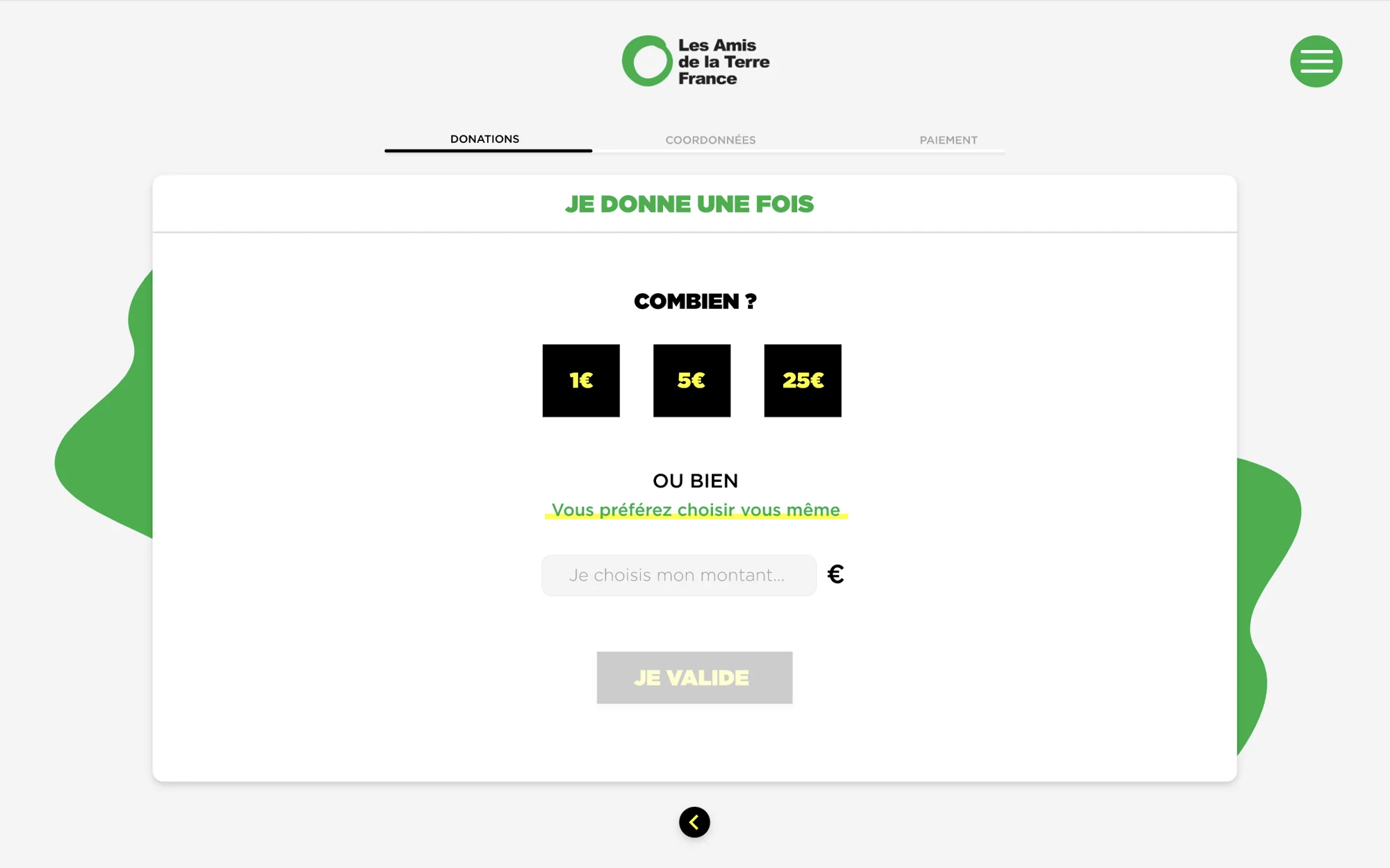 Amount step: 1, 5 or 25 euros, or a custom amount