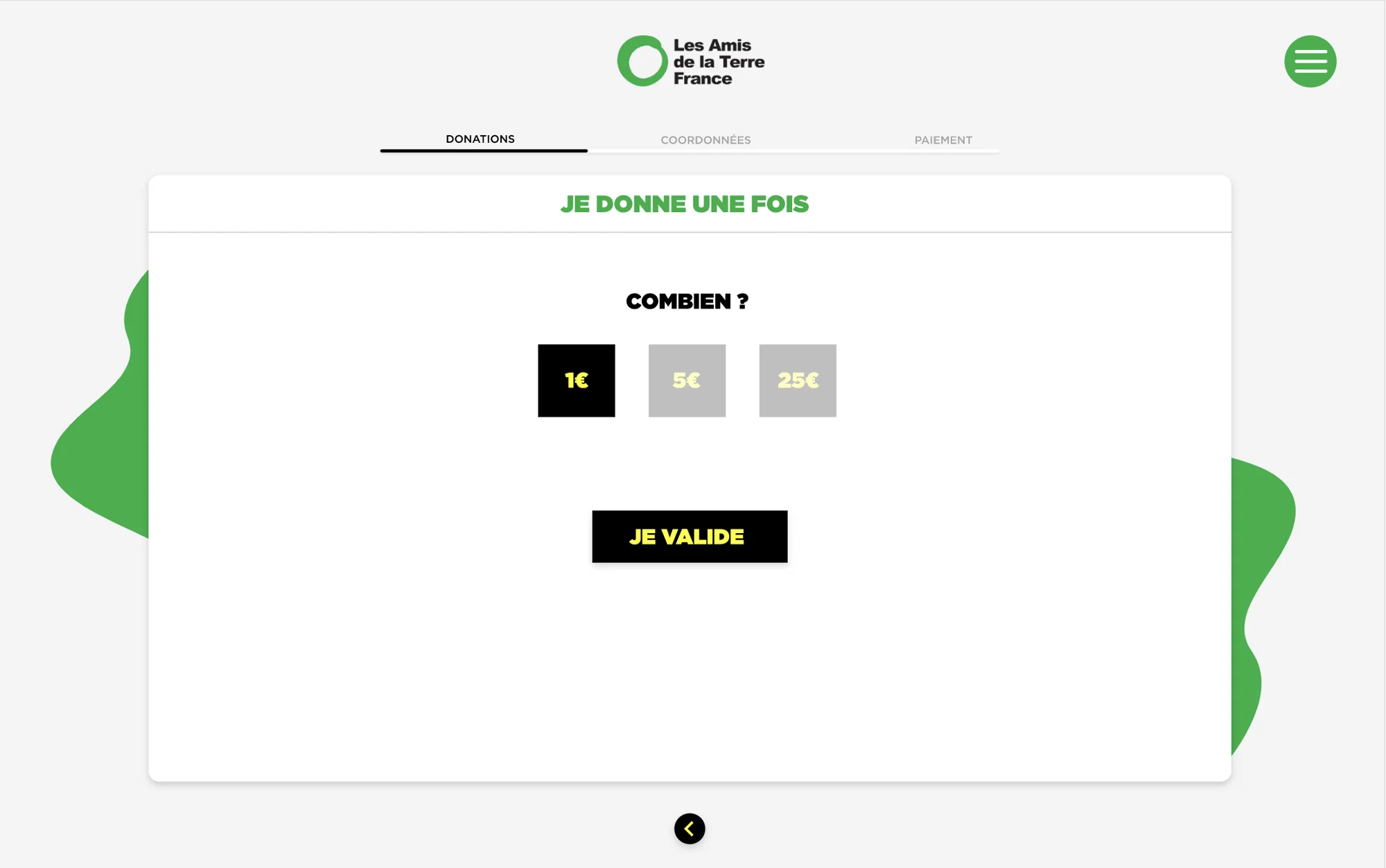 Amount step with 1 euro selected and the confirm button active