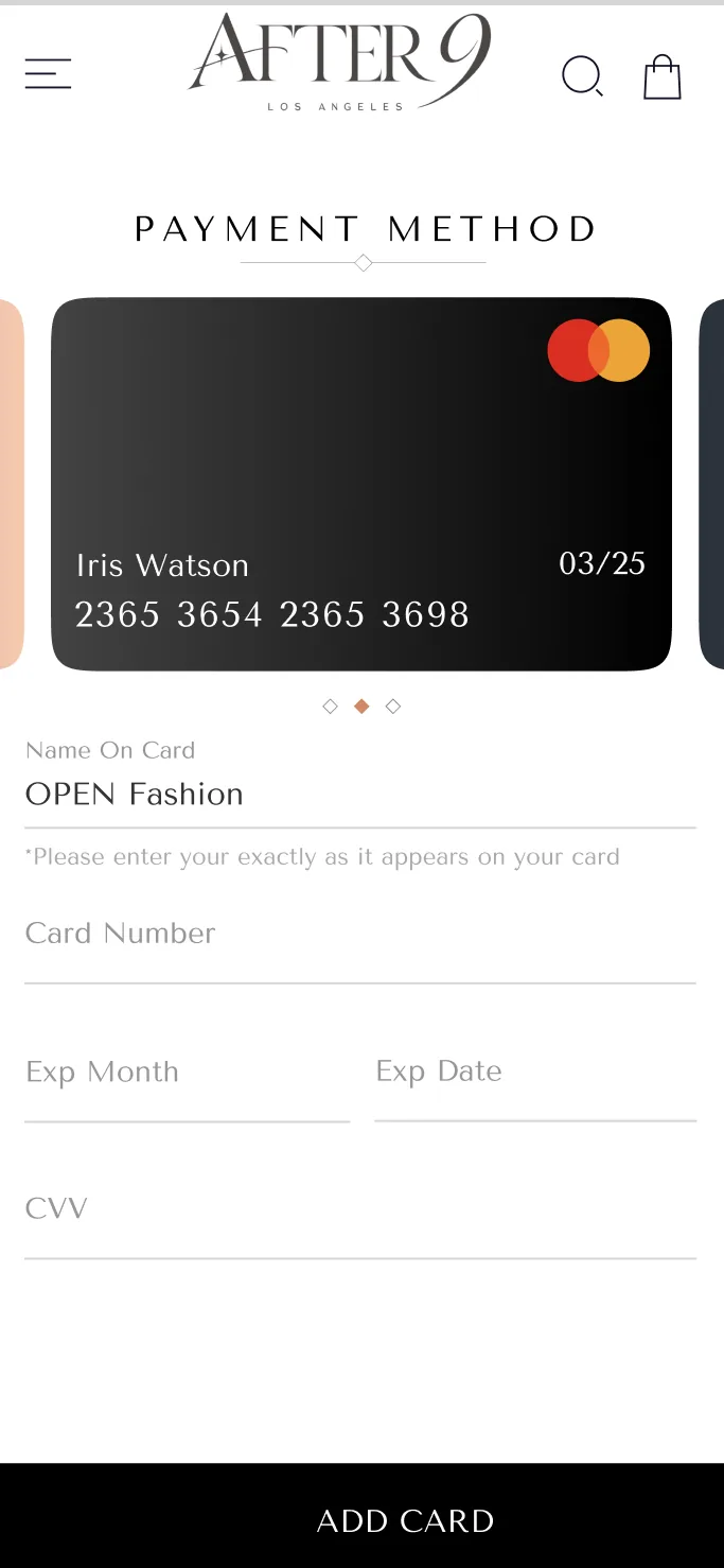 Payment method screen with card
