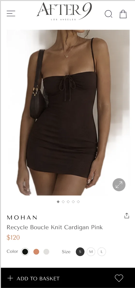 Product page with colors, sizes and Add to basket