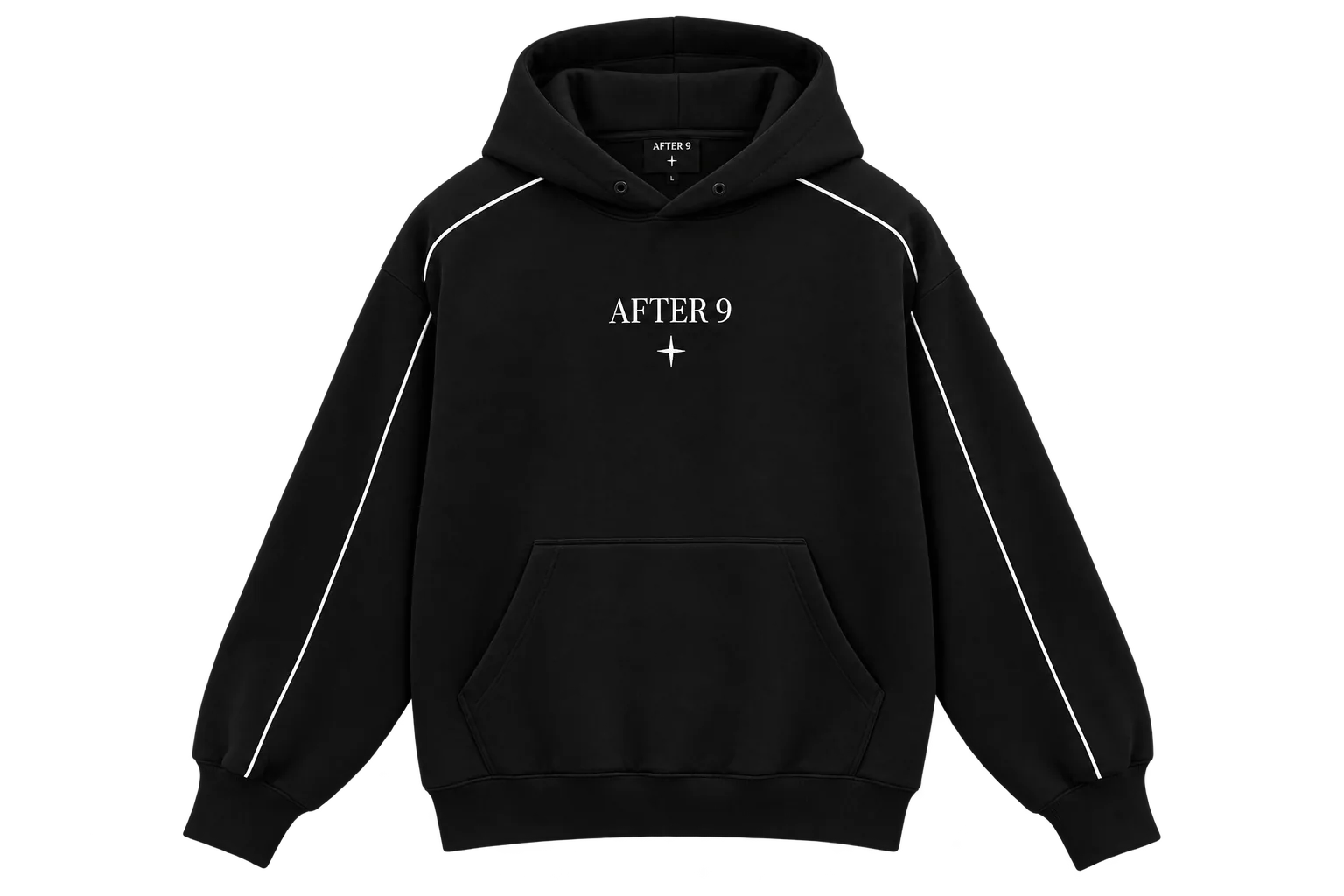 Black After 9 hoodie with piping and a small logo