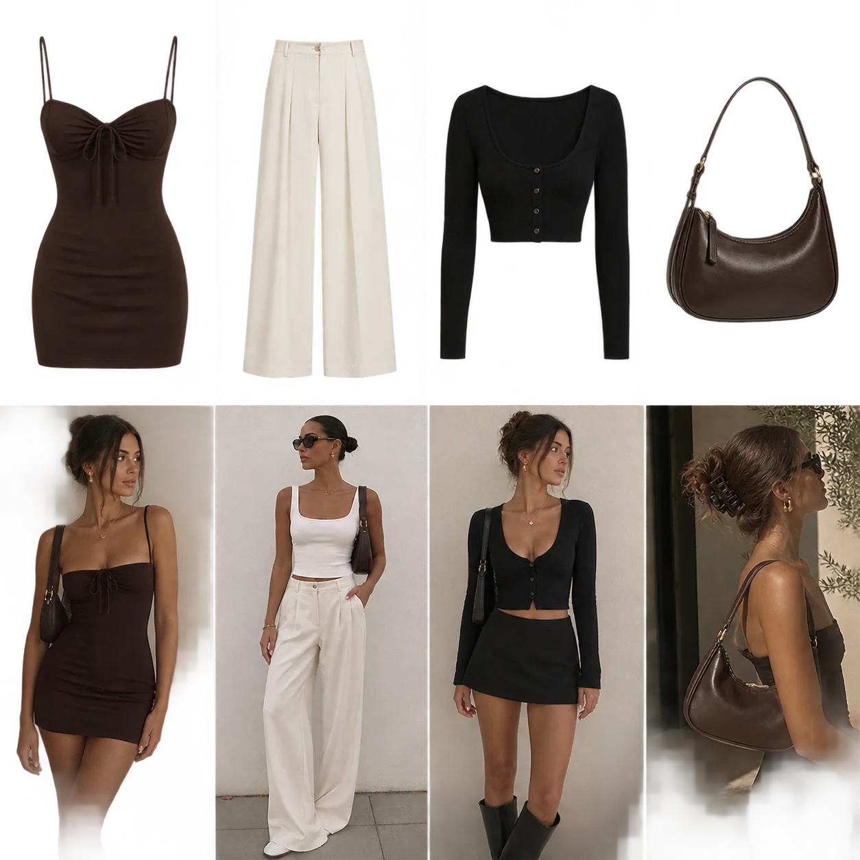 After 9 lookbook grid: dresses, trousers, cardigan and bag