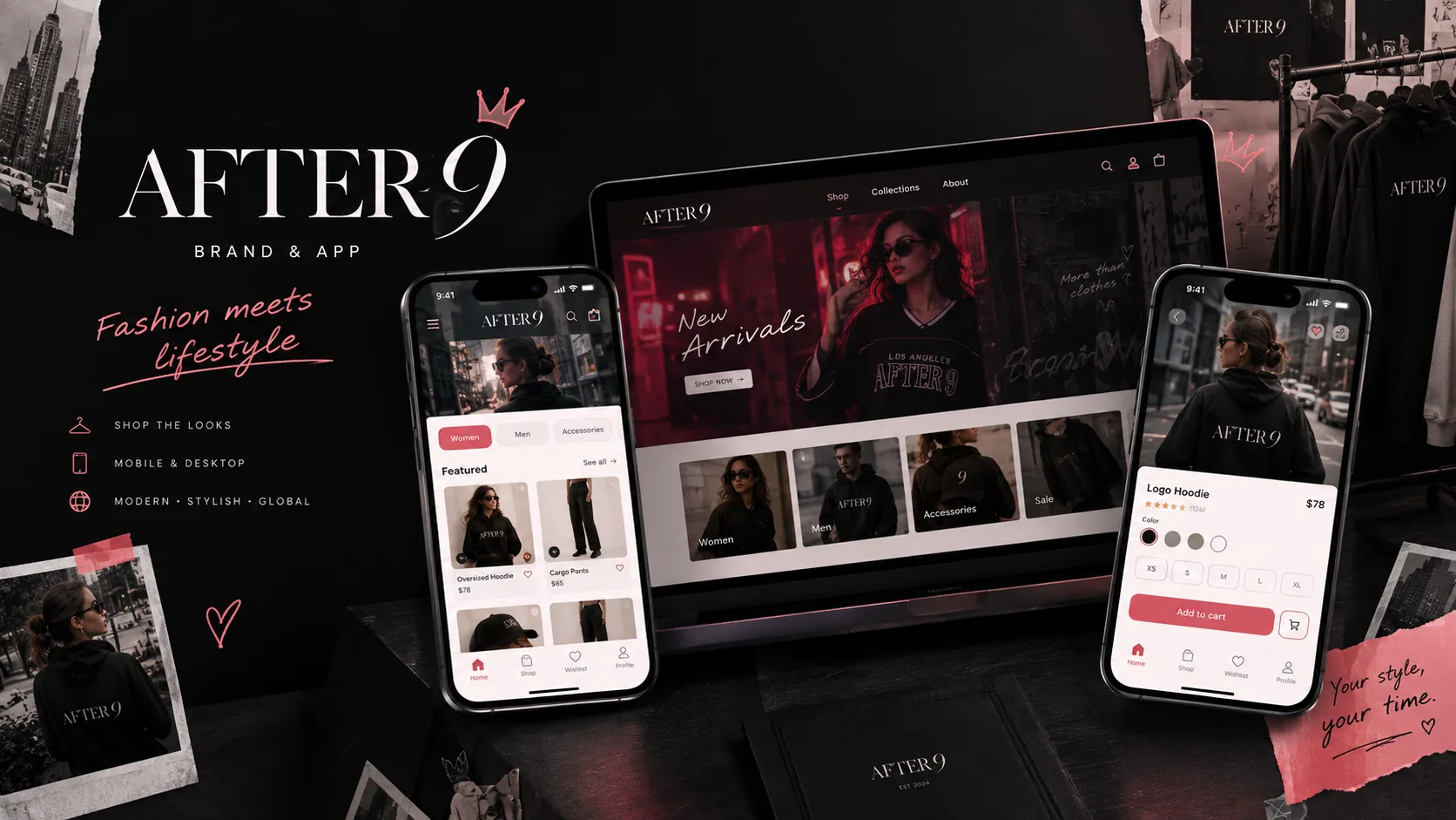 After 9 brand and app shown on phones and a laptop on a dark set