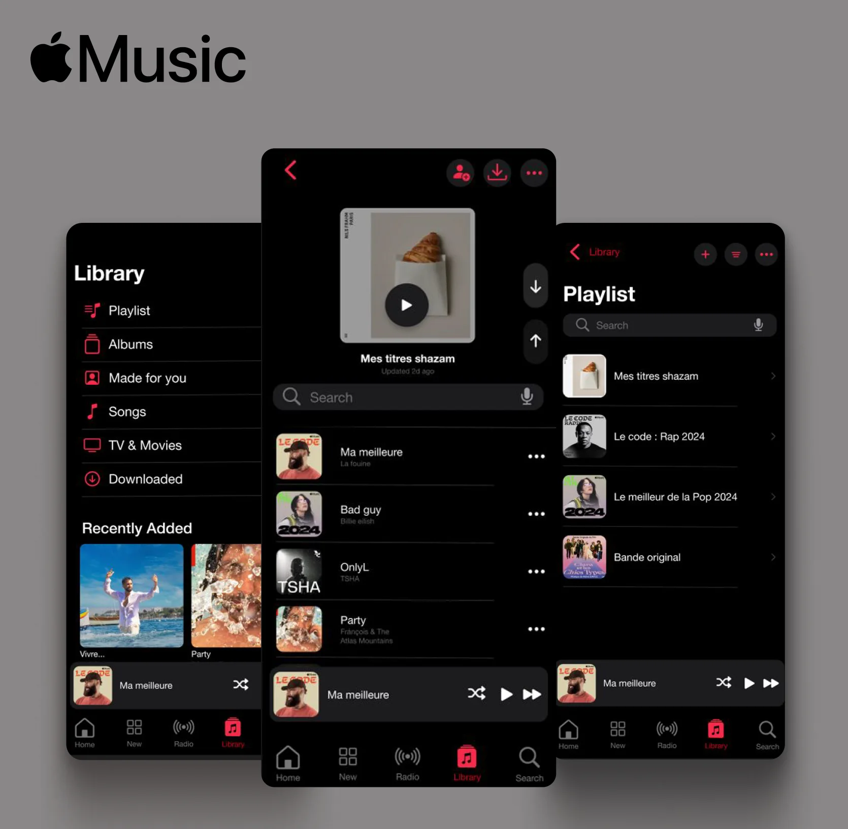 Apple Music library and playlist screens