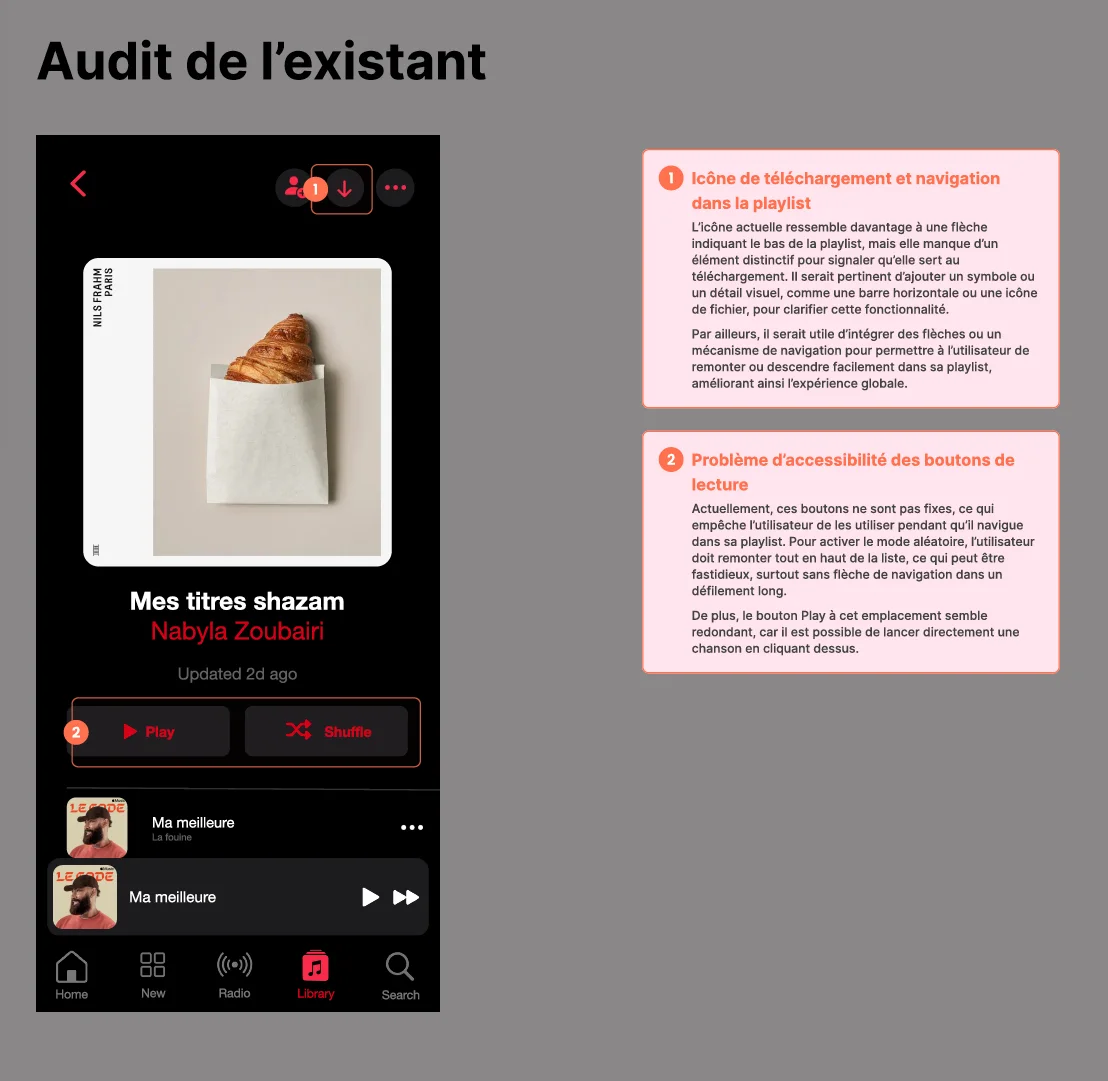 Audit of the current playlist screen with annotated issues