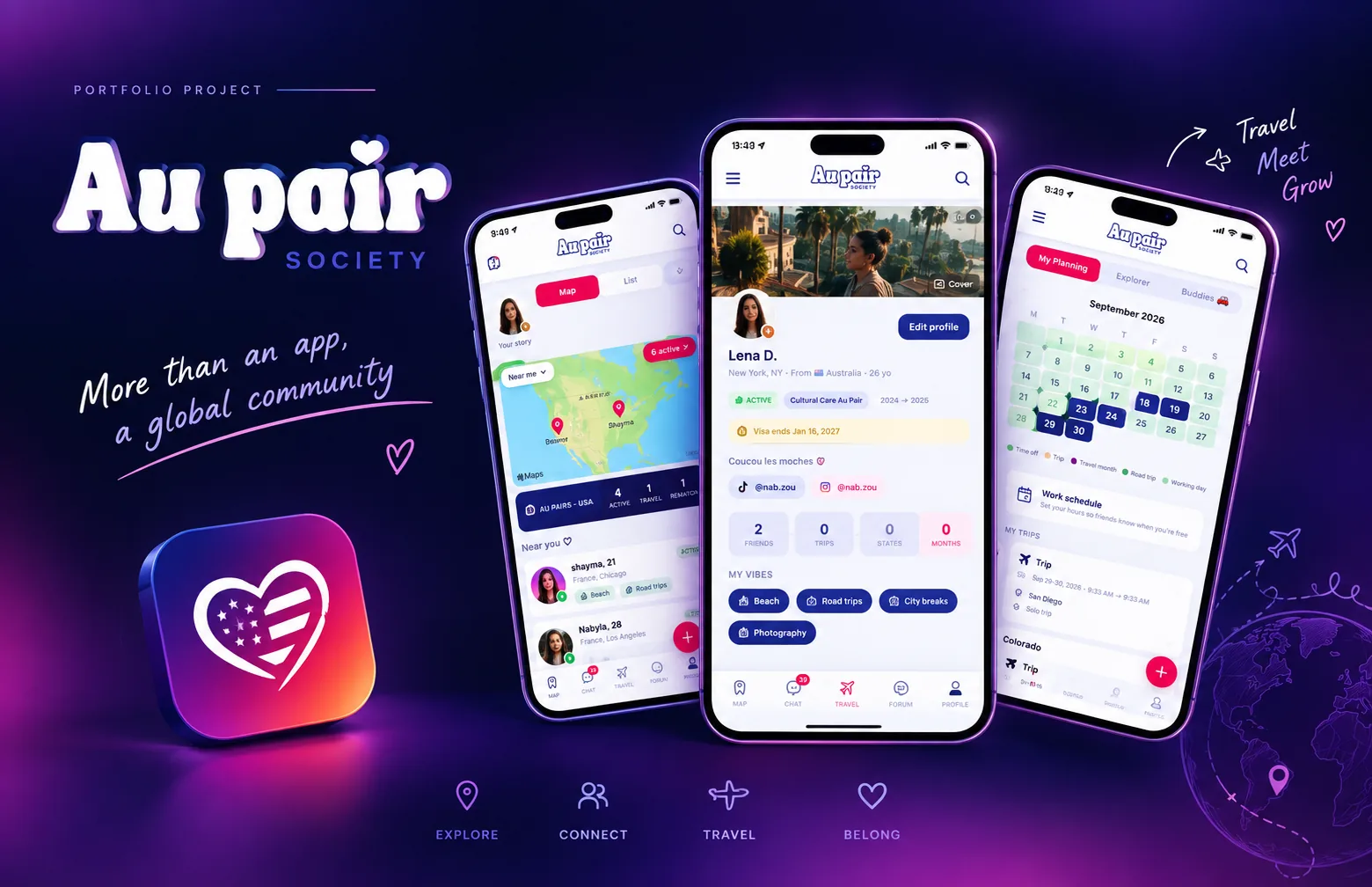 Au Pair Society app screens on phones, purple and pink branding