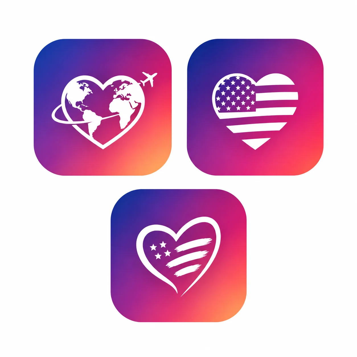 App icon explorations: globe heart and flag heart variations