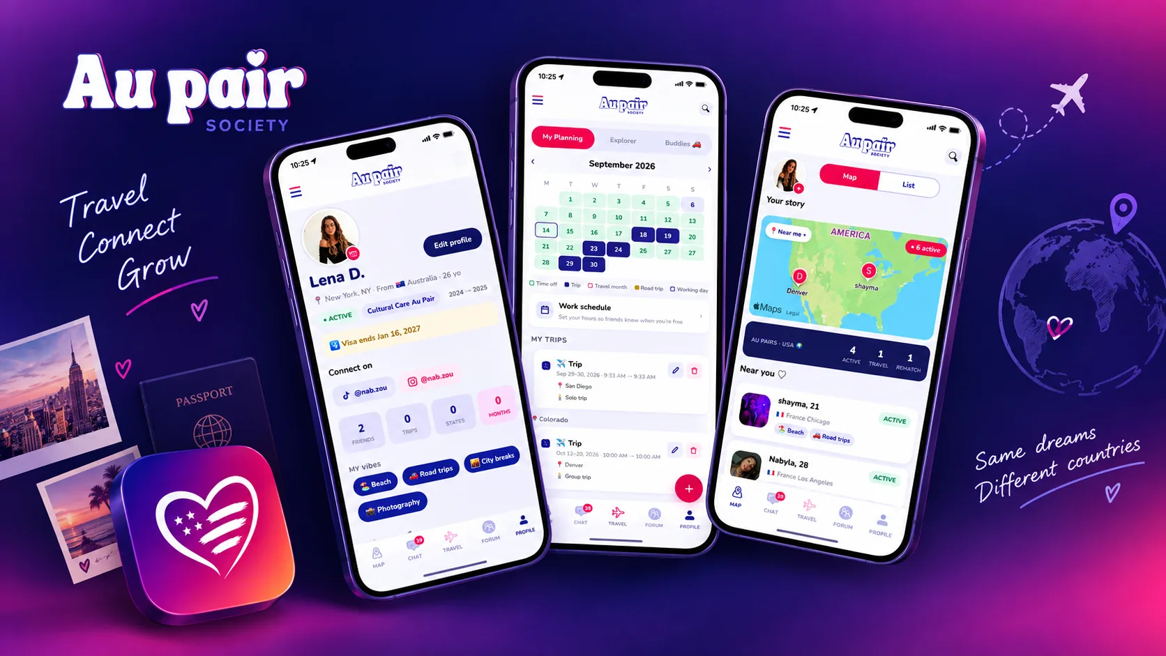 Au Pair Society key visual: three app screens and the heart app icon on a purple gradient