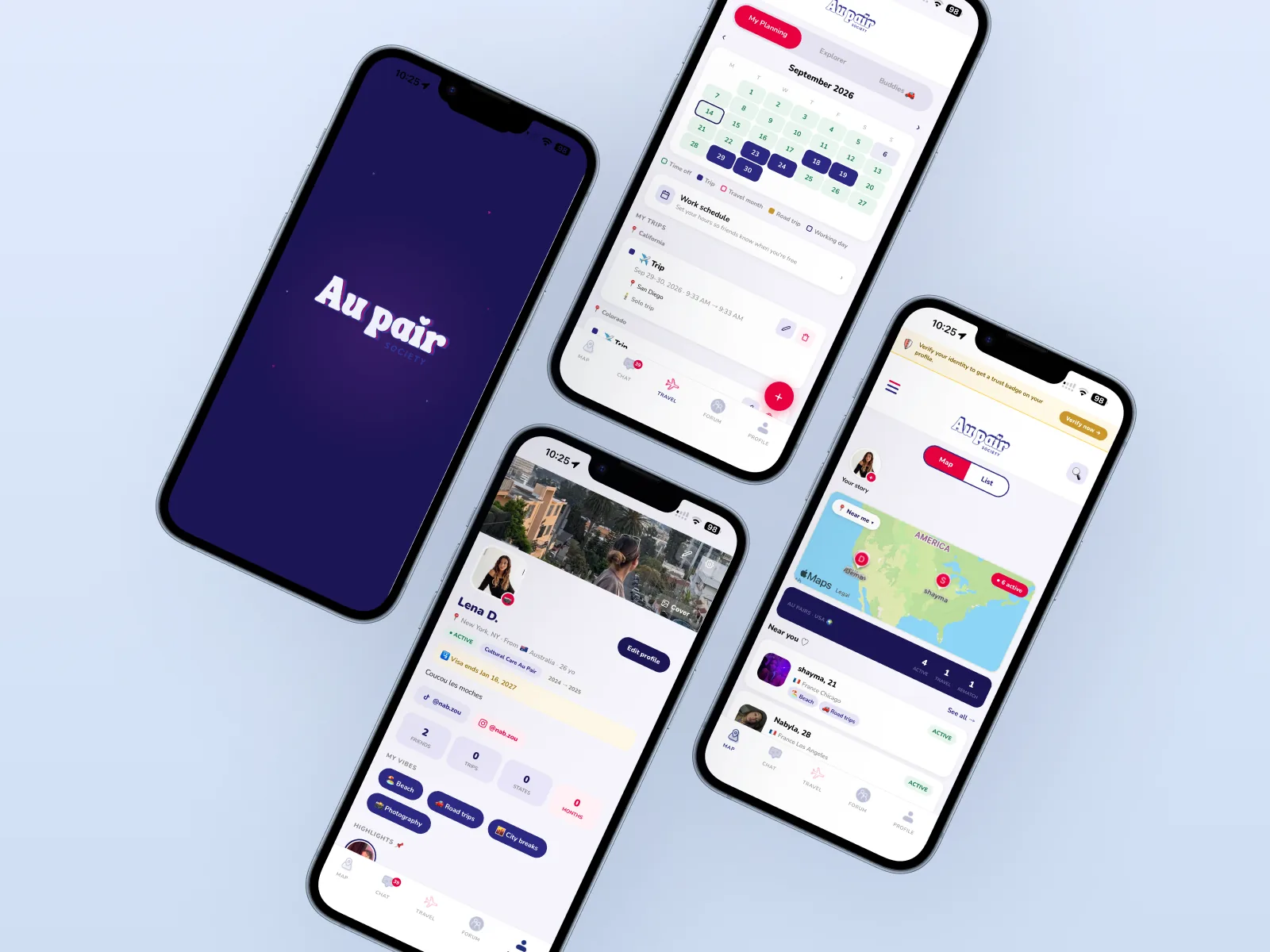 Final Au Pair Society screens floating: map, profile, travel calendar
