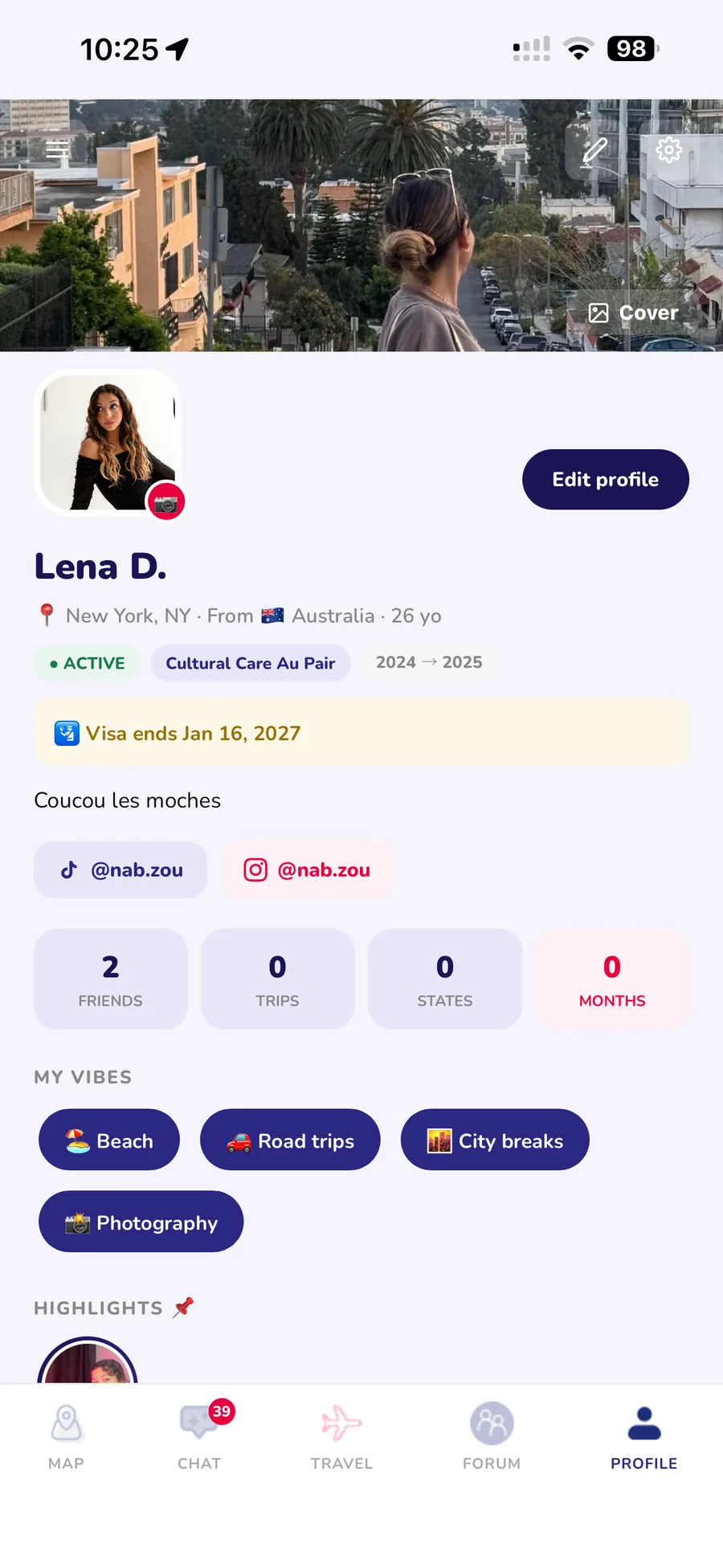 iPhone screenshot: au pair profile