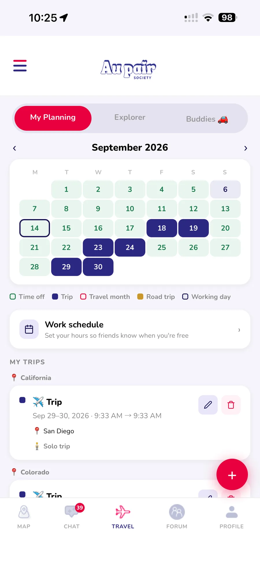 iPhone screenshot: travel calendar