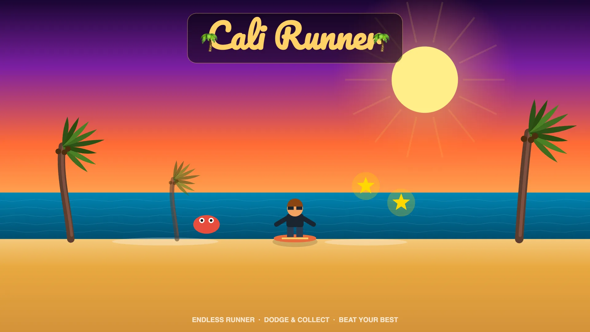 Landscape key art: surfer on a sunset beach with palms
