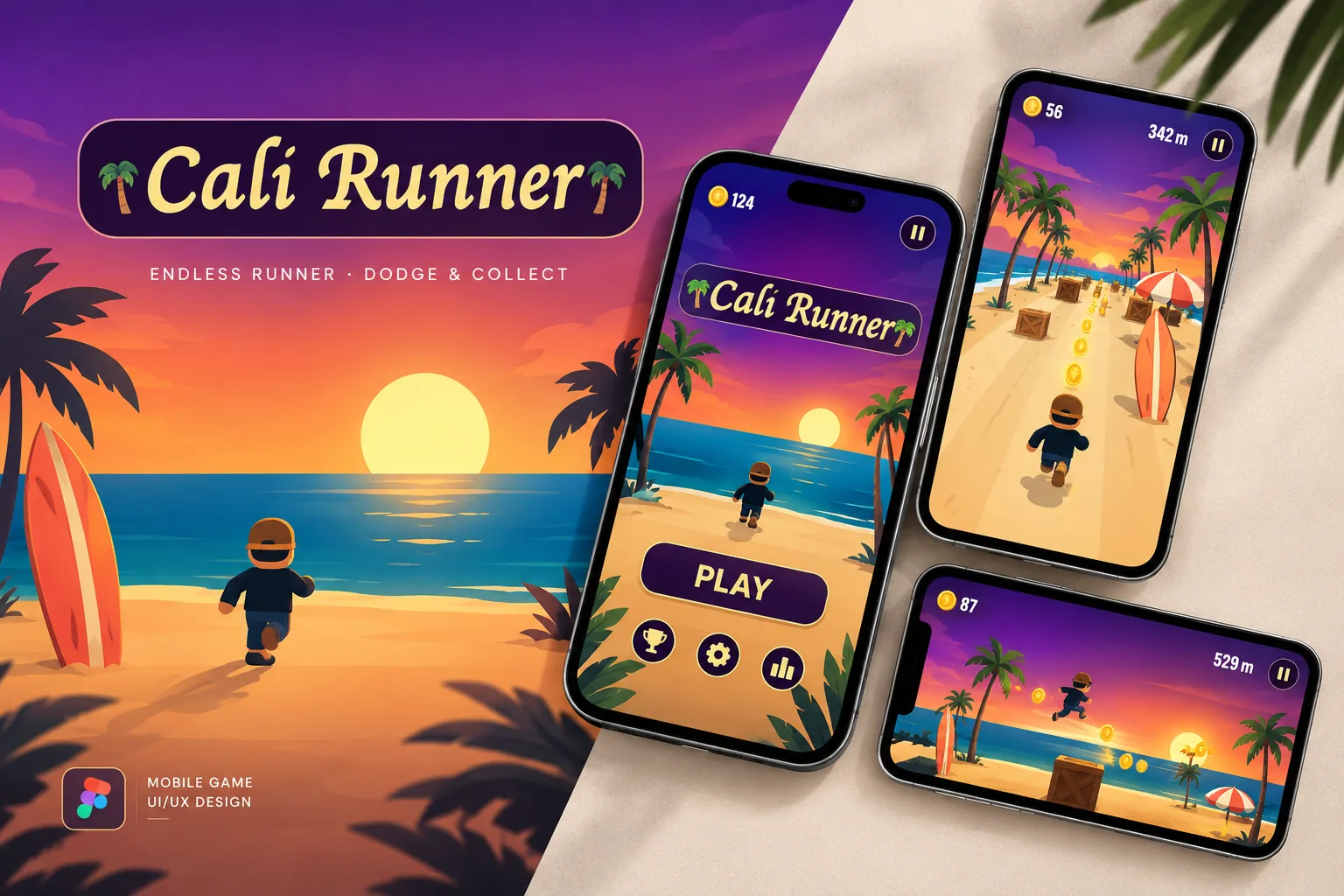 Cali Runner game on phones and tablet, sunset beach with palm trees