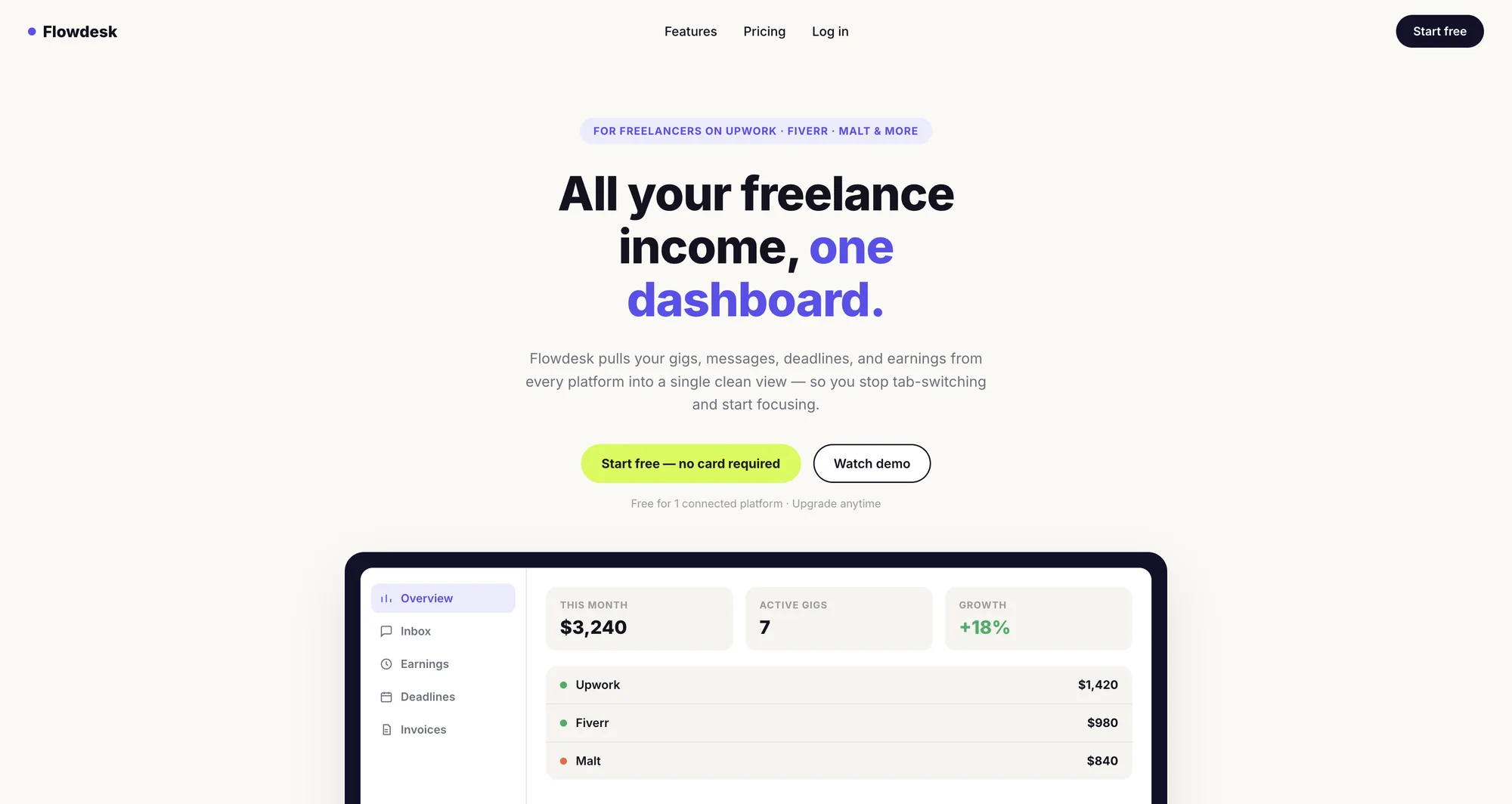 Landing hero: All your freelance income, one dashboard