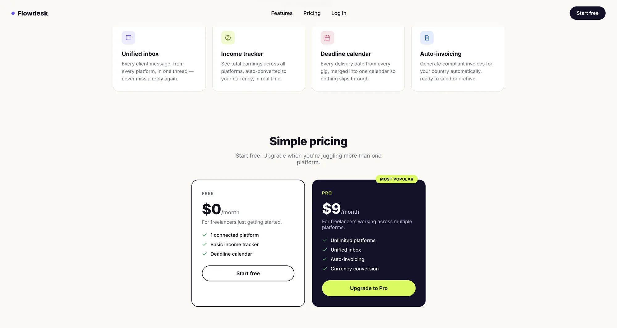 Simple pricing: free and $9 Pro