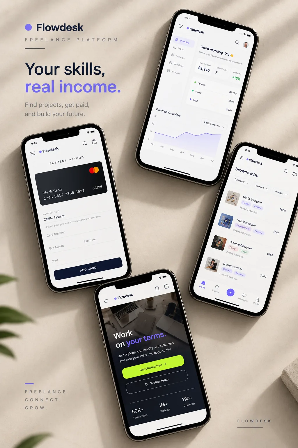 Flowdesk mobile screens: balance card, invoices, job feed