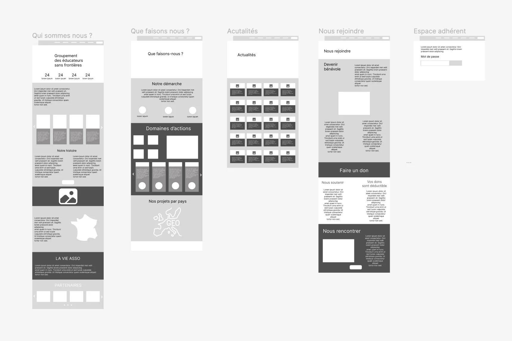 Grey wireframes of the main pages