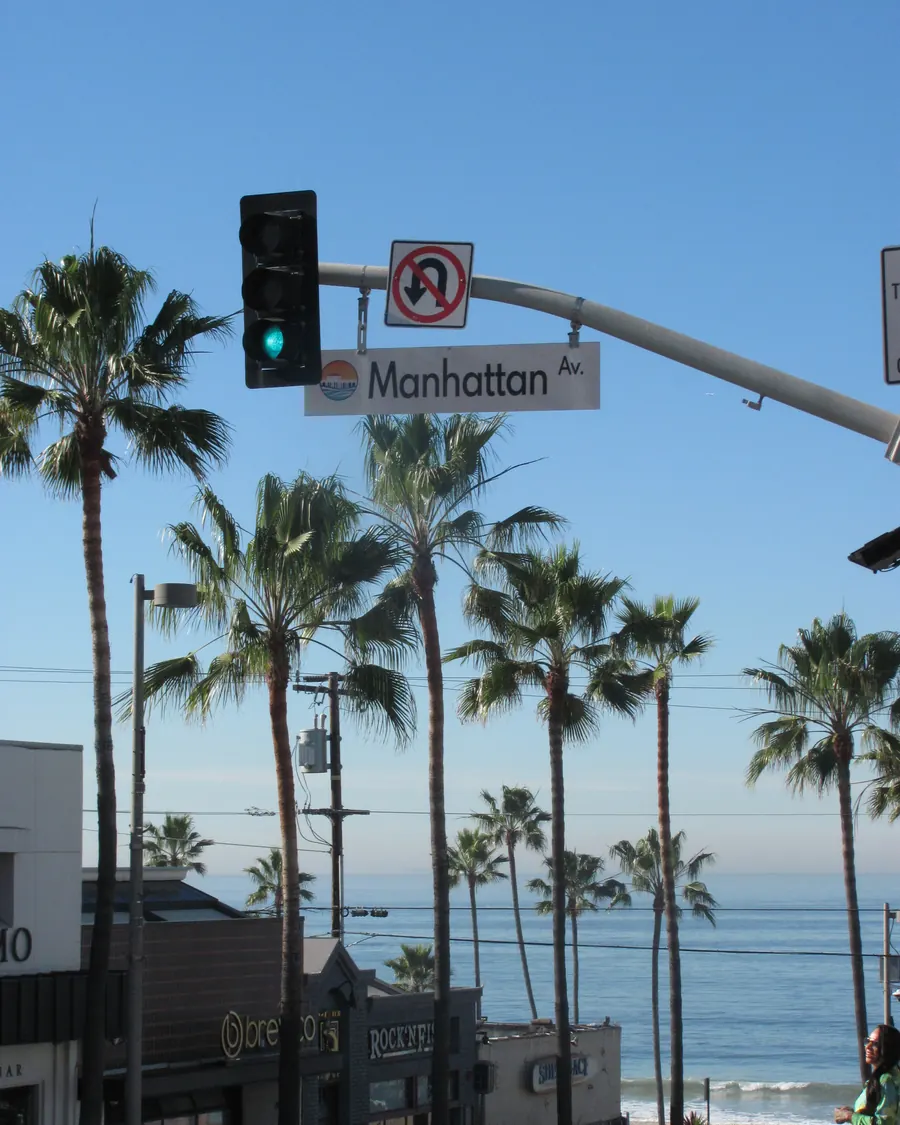 Palm trees over Manhattan Avenue and the ocean